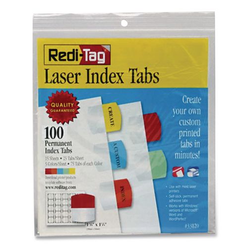 Redi-Tag Laser Printable Index Tabs, 1/5-Cut, Assorted Colors, 1.13" Wide, 100/Pack