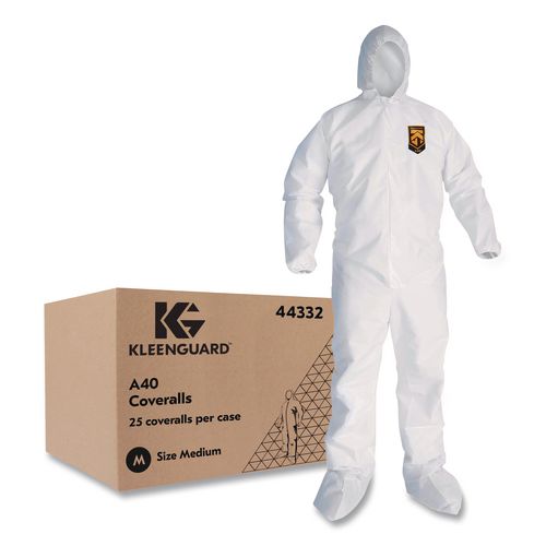 Ansell KleenGuard A40 Coveralls, Elastic Wrists, Ankles, Back, Hood and Non-Skid Boots, White, 25/Carton