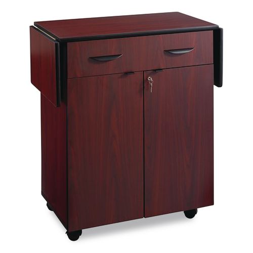 Safco Hospitality Cart with Drop Leaves, Engineered Wood, 3 Shelves, 1 Drawer, 32.5" to 56.25" x 20.5" x 38.75", Mahogany