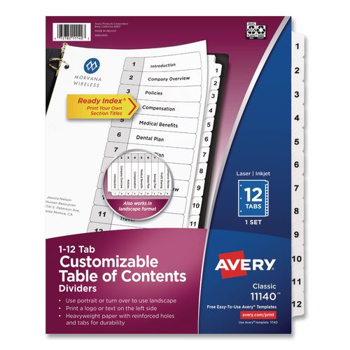 Avery Customizable TOC Ready Index Black and White Dividers, 12-Tab, 1 to 12, 11 x 8.5, 1 Set