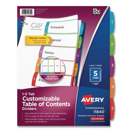 Avery Customizable TOC Ready Index Multicolor Tab Dividers, 5-Tab, 1 to 5, 11 x 8.5, White, Contemporary Color Tabs, 1 Set