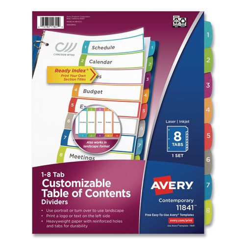 Avery Customizable TOC Ready Index Multicolor Tab Dividers, 8-Tab, 1 to 8, 11 x 8.5, White, Contemporary Color Tabs, 1 Set