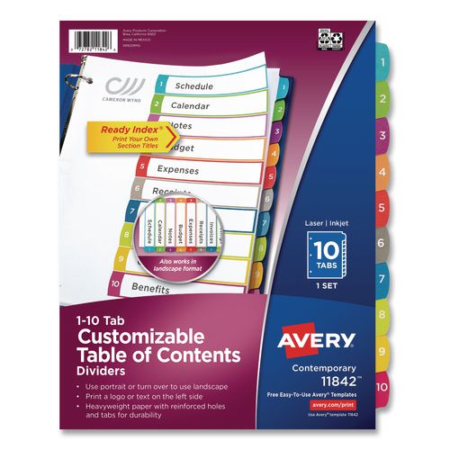 Avery Customizable TOC Ready Index Multicolor Tab Dividers, 10-Tab, 1 to 10, 11 x 8.5, White, Contemporary Color Tabs, 1 Set