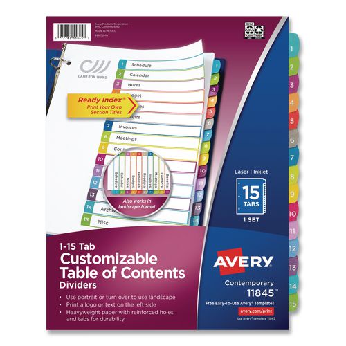 Avery Customizable TOC Ready Index Multicolor Tab Dividers, 15-Tab, 1 to 15, 11 x 8.5, White, Contemporary Color Tabs, 1 Set