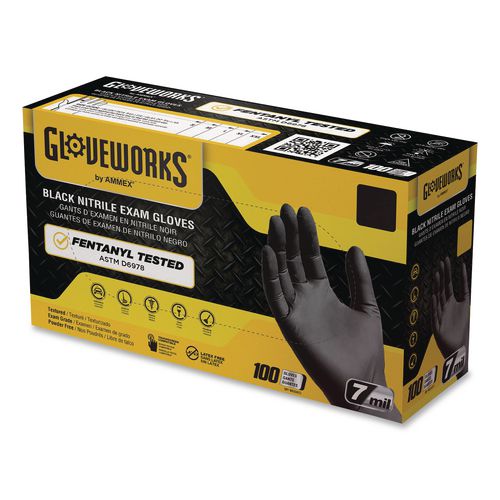 GloveWorks by AMMEX Nitrile Exam Gloves, Powder-Free, Small, 7 mil Thick, 9.5" Long, Black, 100/Box, 10 Boxes/Carton