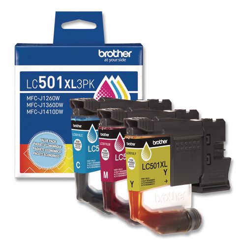 Brother LC501XL3PKS High-Yield Ink, 500 Page-Yield, Cyan/Magenta/Yellow, 3/Pack