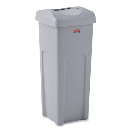 Rubbermaid Commercial Universal Square Trash Can with Swing Lid, 23 gal, Plastic, Gray