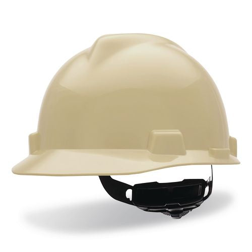 MSA V-Gard Hard Hats, Vented, Front Brim, Fas-Trac III Ratchet Suspension, One Size Fits Most (6.5 to 8), Light Buff