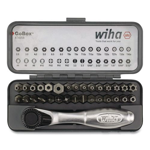 Wiha 32-Piece GoBox Security Bit Set with Mini Ratchet, Metric Hex, Metric Slotted, Phillips, SAE Hex, Spanner and Torx Bits