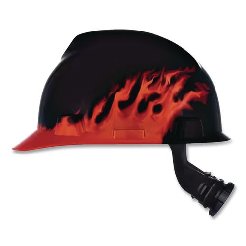 MSA V-Gard Hard Hats, Front Brim, Fas-Trac III Ratchet Suspension, One Size Fits Most (6.5 to 8), Black Fire