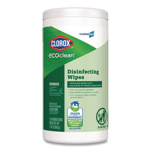 Clorox CloroxPro EcoClean Disinfecting Wipes, 1-Ply, 8 x 7, Unscented, White, 75 Count