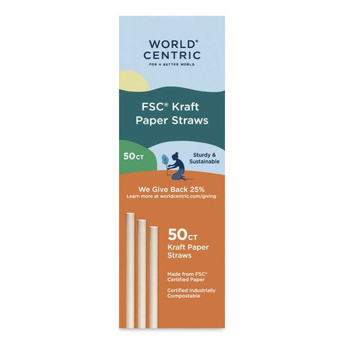 World Centric Kraft Paper Straws, 8", Brown, 50/Pack