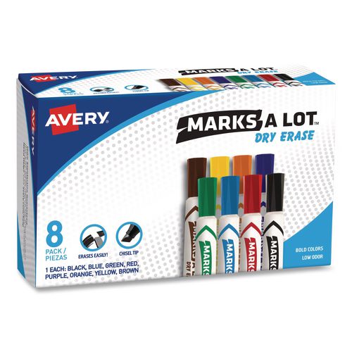 Avery MARKS A LOT Desk-Style Dry Erase Marker, Broad Chisel Tip, Assorted Colors, 8/Set