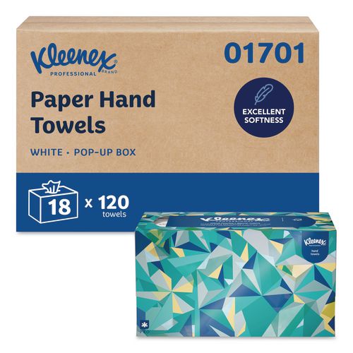 Kleenex Hand Towels, POP-UP Box, Cloth, 1-Ply, 9 x 10.5, Unscented, White, 120/Box