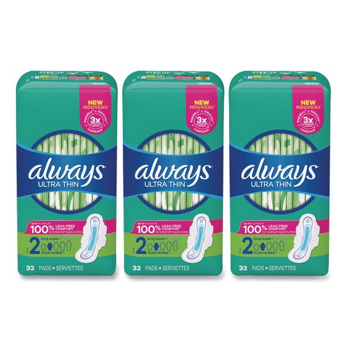 Always Ultra Thin Pads with Wings, Size 2, Super Long Absorbency, 32/Pack, 3 Packs/Carton