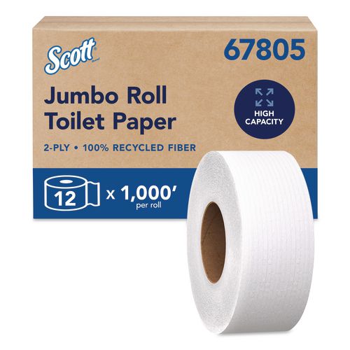 Scott Essential 100% Recycled Fiber JRT Bathroom Tissue for Business, Septic Safe, 2-Ply, 3.55" x 1,000 ft, White, 12 Rolls/Carton
