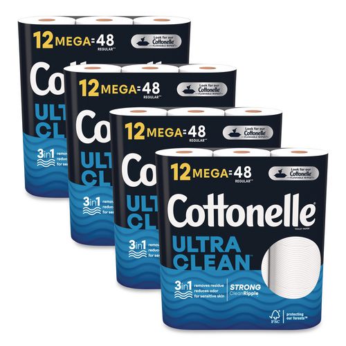 Cottonelle Ultra CleanCare Toilet Paper, Strong Tissue, Septic Safe, 1-Ply, White, 284 Sheets/Roll, 12 Rolls/Pack, 48 Rolls/Carton
