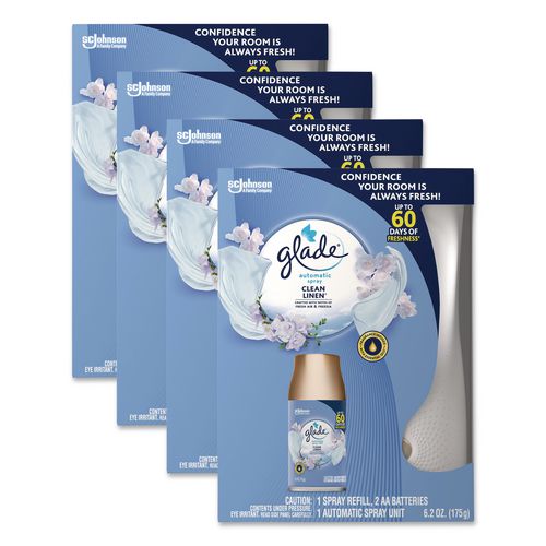 Glade Automatic Spray Starter Kit, Spray Unit and Refill, White/Gold, Clean Linen, 4/Carton