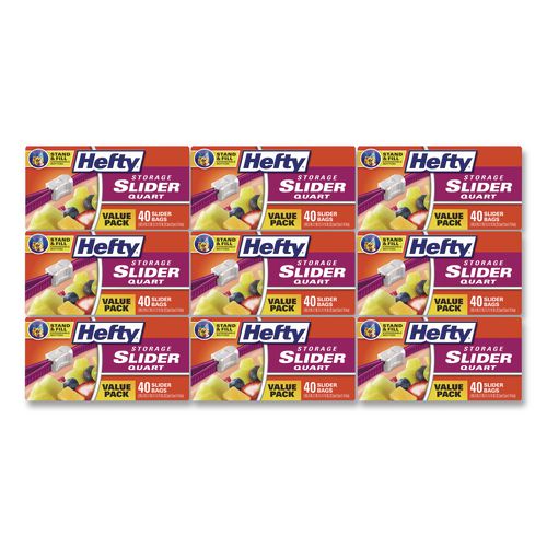 Hefty Slider Stand and Fill Food Storage Bags, Quart, 1.5 mil, 8" x 7", Clear, 40 Bags/Box, 9 Boxes/Carton