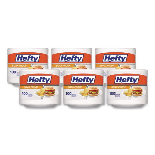 Hefty Soak Proof Tableware, Plate, Foam, 8.88" dia, White, 100/Pack, 6 Packs/Carton