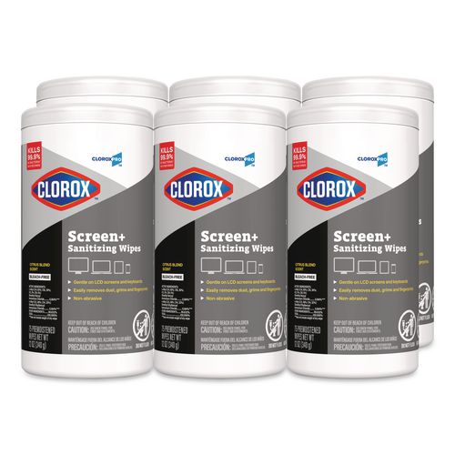 Clorox CloroxPro ScreenPlus Screen Sanitizing Wipes, 6 x 8, Citrus Blend, White, 75/Canister, 6 Canisters/Carton