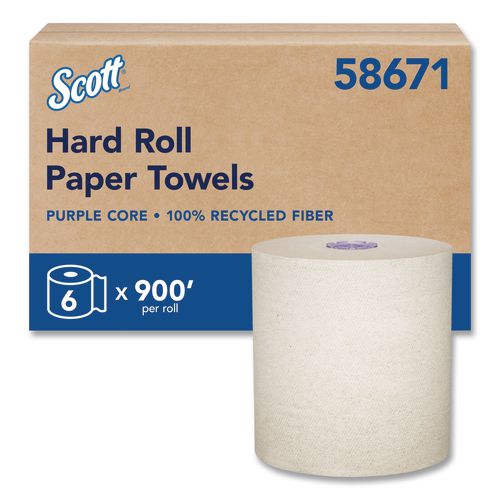 Scott 100% Recycled Hard Roll Paper Towels, 1-Ply, 8" x 900 ft, Brown, 6/Carton