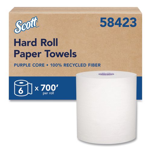 Scott 100% Recycled Hard Roll Paper Towels, 1-Ply, 8" x 700 ft, White, 6/Carton