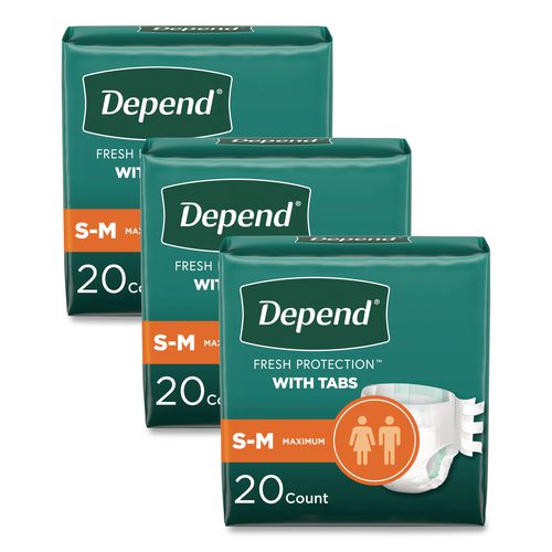 Depend Incontinence Protection with Tabs, Small/Medium, 19" to 34" Waist, 20/Pack, 3 Packs/Carton