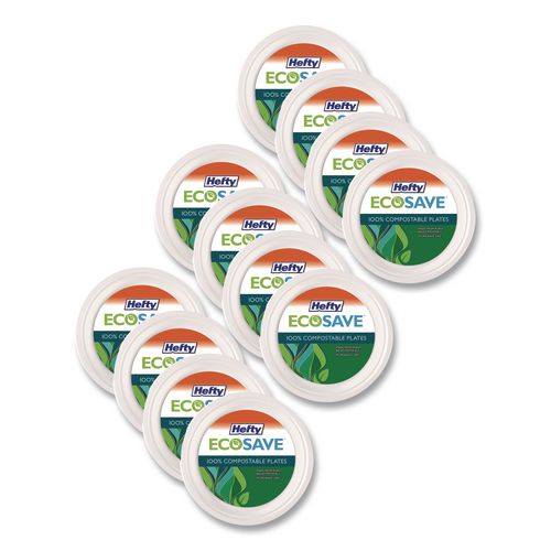 Hefty ECOSAVE Tableware, Plate, Sugarcane, 6.75" dia, White, 30/Pack, 12 Packs/Carton