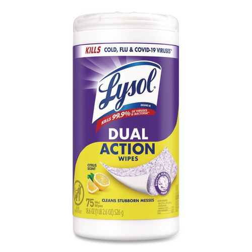 LYSOL Brand Dual Action Disinfecting Wipes, 1-Ply, 7 x 7.25, Citrus, White/Purple, 75/Canister