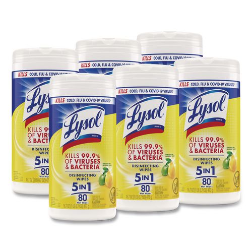 LYSOL Brand Disinfecting Wipes, 1 Ply, 7 x 7.25, Lemon and Lime Blossom, White, 80 Wipes/Canister, 6 Canisters/Carton