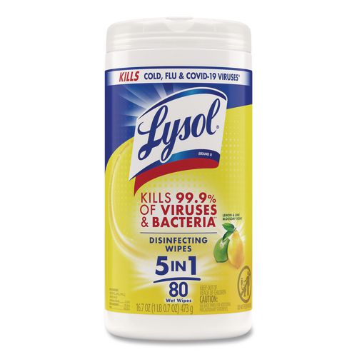 LYSOL Brand Disinfecting Wipes, 1-Ply, 7 x 7.25, Lemon and Lime Blossom, White, 80 Wipes/Canister