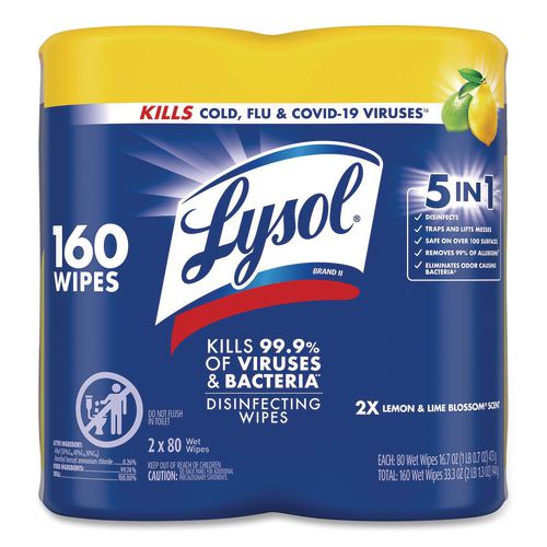 LYSOL Brand Disinfecting Wipes, 1-Ply, 7 x 7.25, Lemon and Lime Blossom, White, 80 Wipes/Canister, 2 Canisters/Pack