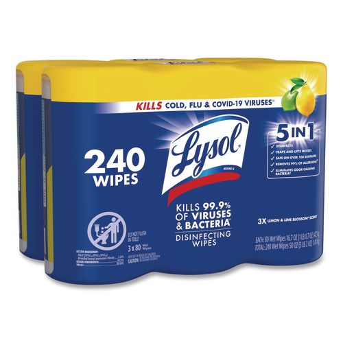 LYSOL Brand Disinfecting Wipes, 1-Ply, 7 x 7.25, Lemon and Lime Blossom, White, 80 Wipes/Canister, 3 Canisters/Pack, 2 Packs/Carton