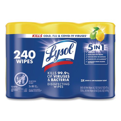 LYSOL Brand Disinfecting Wipes, 1-Ply, 7 x 7.25, Lemon and Lime Blossom, White, 80 Wipes/Canister, 3 Canisters/Pack