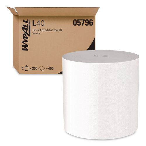 WypAll L40 Towels, Center-Pull, 10 x 13.2, White, 200/Roll, 2/Carton