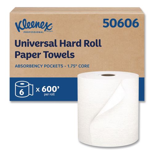 Kleenex Universal Hard Roll Paper Towels with Premium Absorbency Pockets, 1-Ply, 8" x 600 ft, 1.75" Core, White, 6 Rolls/Carton