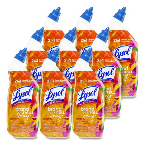 LYSOL Brand Clinging Gel Brand New Day Toilet Bowl Cleaner, Mango and Hibiscus, 24 oz Angle-Neck Bottle, 9/Carton