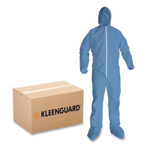 KleenGuard A65 Zipper Front Hood and Boot Flame-Resistant Coveralls, Elastic Wrist and Ankles, 4X-Large, Blue, 21/Carton