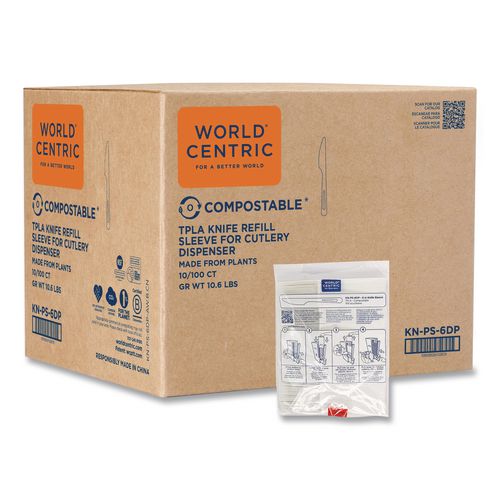 World Centric Cutlery Dispenser Refills, Knife, Plastic, Light Beige, 100/Bag, 10 Bags/Carton