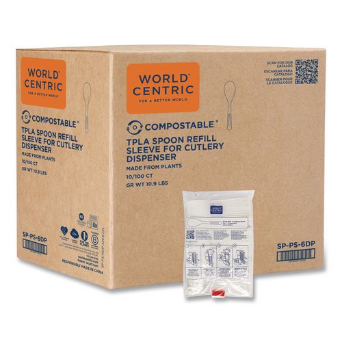 World Centric Cutlery Dispenser Refills, Spoon, Plastic, Light Beige, 100/Bag, 10 Bags/Carton