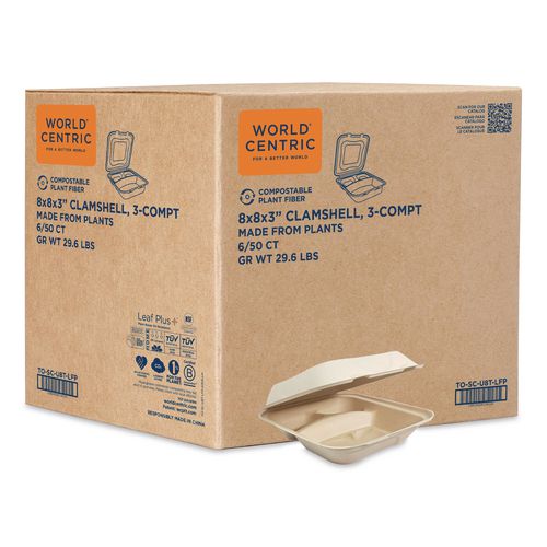 World Centric Fiber Hinged Takeout Containers, 3 Compartments, 8.8 x 8.2 x 2.9, Natural, Paper, 300/Carton