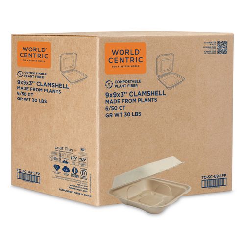 World Centric Fiber Hinged Takeout Containers, 9.2 x 9.1 x 3.2, Natural, Paper, 300/Carton