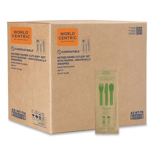 World Centric NoTree Cutlery, Light Mediumweight, Fork/Knife/Spoon/Napkin, Paper, Natural, 250/Carton
