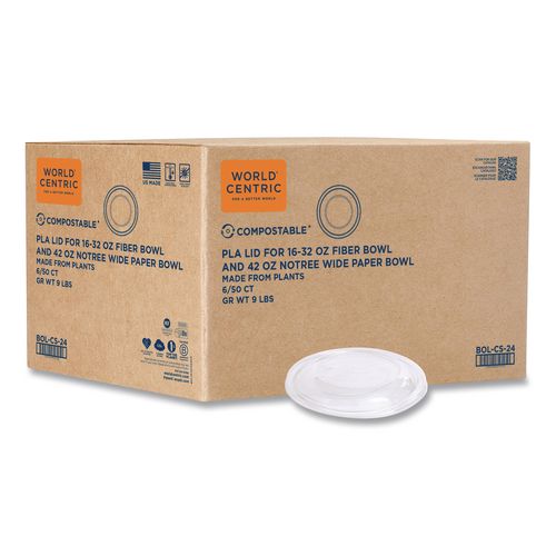 World Centric PLA Lids for Fiber Bowls, 7.5" Diameter x 1" h, Clear, Plastic, 300/Carton