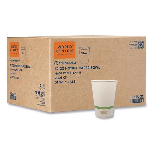 World Centric No Tree Paper Bowls, 32 oz, 4.4" Diameter x 5.8" h, Natural, Sugarcane, 500/Carton