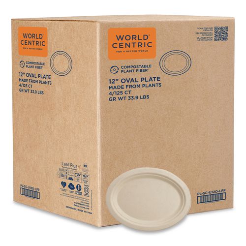 World Centric Fiber Plates, Paper, 12" dia, Oval, Natural, 500/Carton