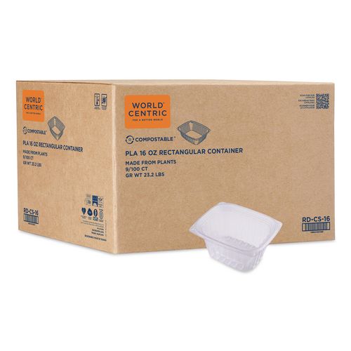 World Centric PLA Rectangular Deli Containers, 16 oz, 4.8 x 5.9 x 2.8, Clear, Plastic, 900/Carton