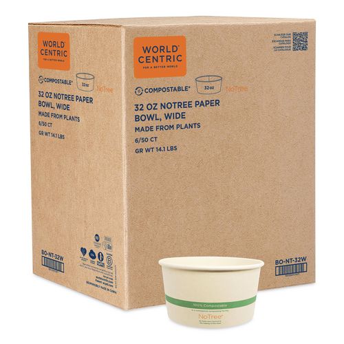World Centric No Tree Wide Paper Bowls, 32 oz, 5.9" Diameter x 3.1" h, Natural, Sugarcane, 300/Carton