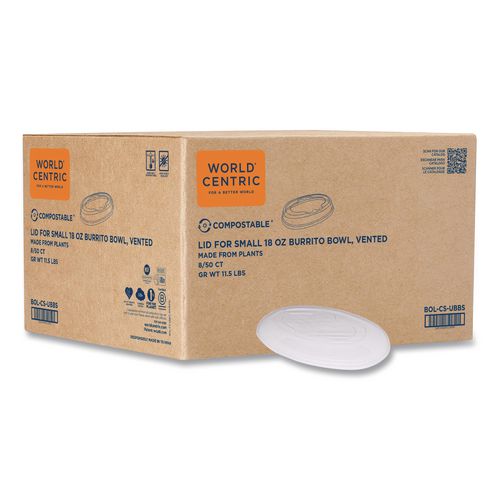 World Centric PLA Lids for Fiber Burrito Bowls, 8" Diameter, Clear, Plastic, 400/Carton